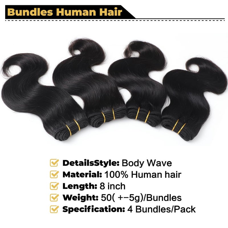 Selina 4Bundles Brazilian Body Wave Virgin Hair Extension Human Hair Bundles 8"Short Virgin Brazilian Hair Weaves 50G/Pcs Human Hair Extensions Natural color (8''x4 BODY, Natural) - Image 4